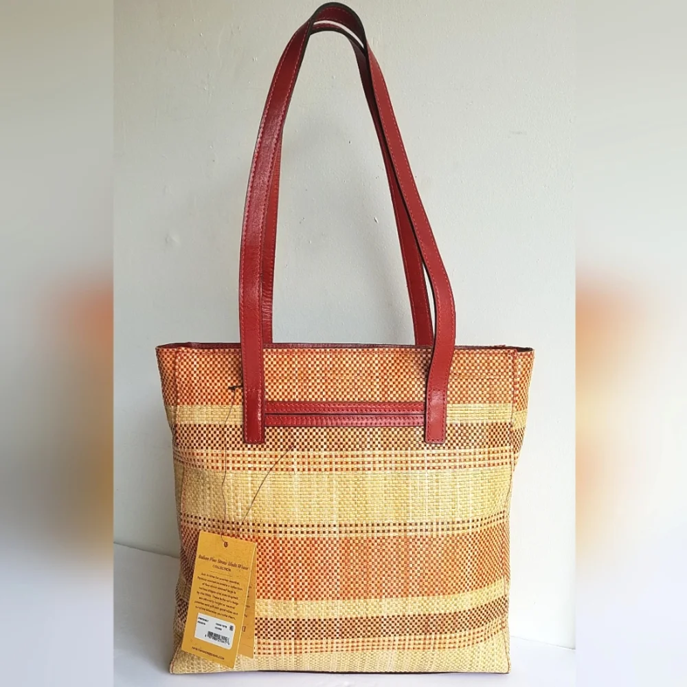 Patricia Nash Italian Fine Straw Multi Weave & Leather Viana Ochre Tote Bag - Picture 3 of 15